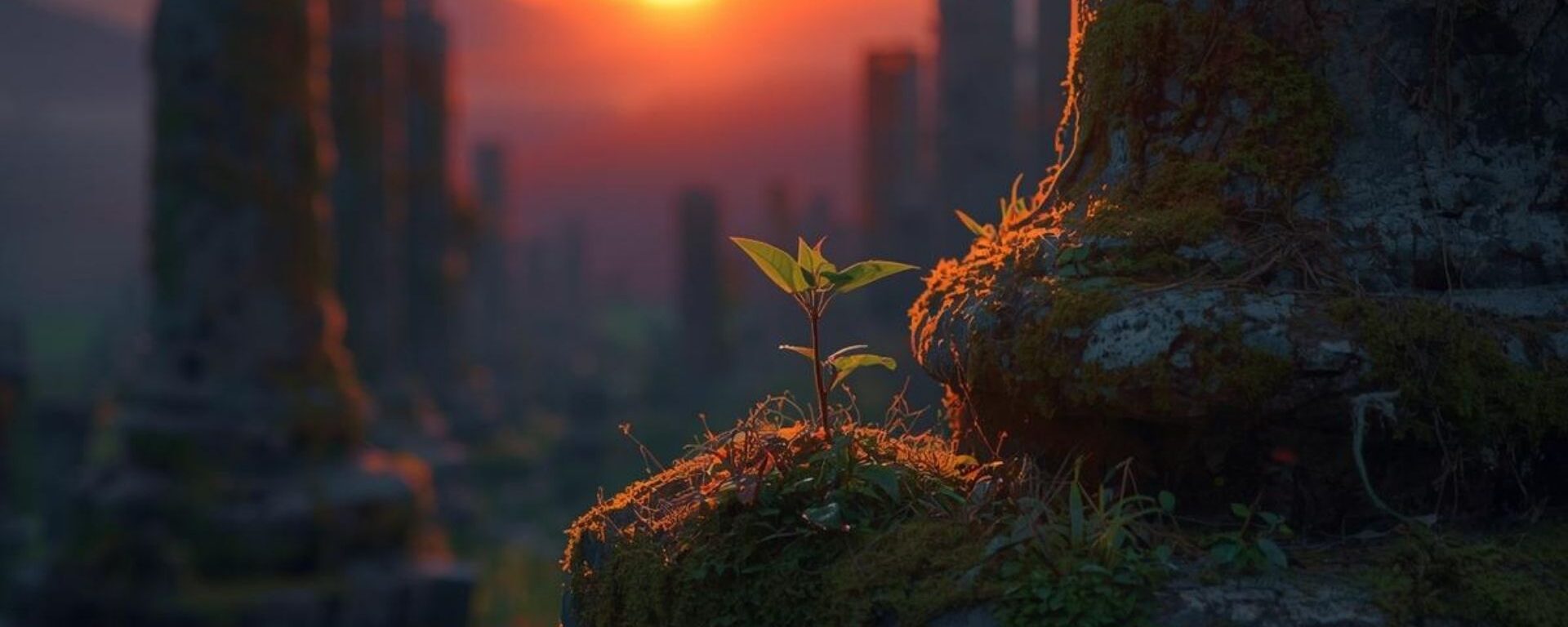 Yıkılmış bir heykelin arasından filizlenen küçük bir bitki