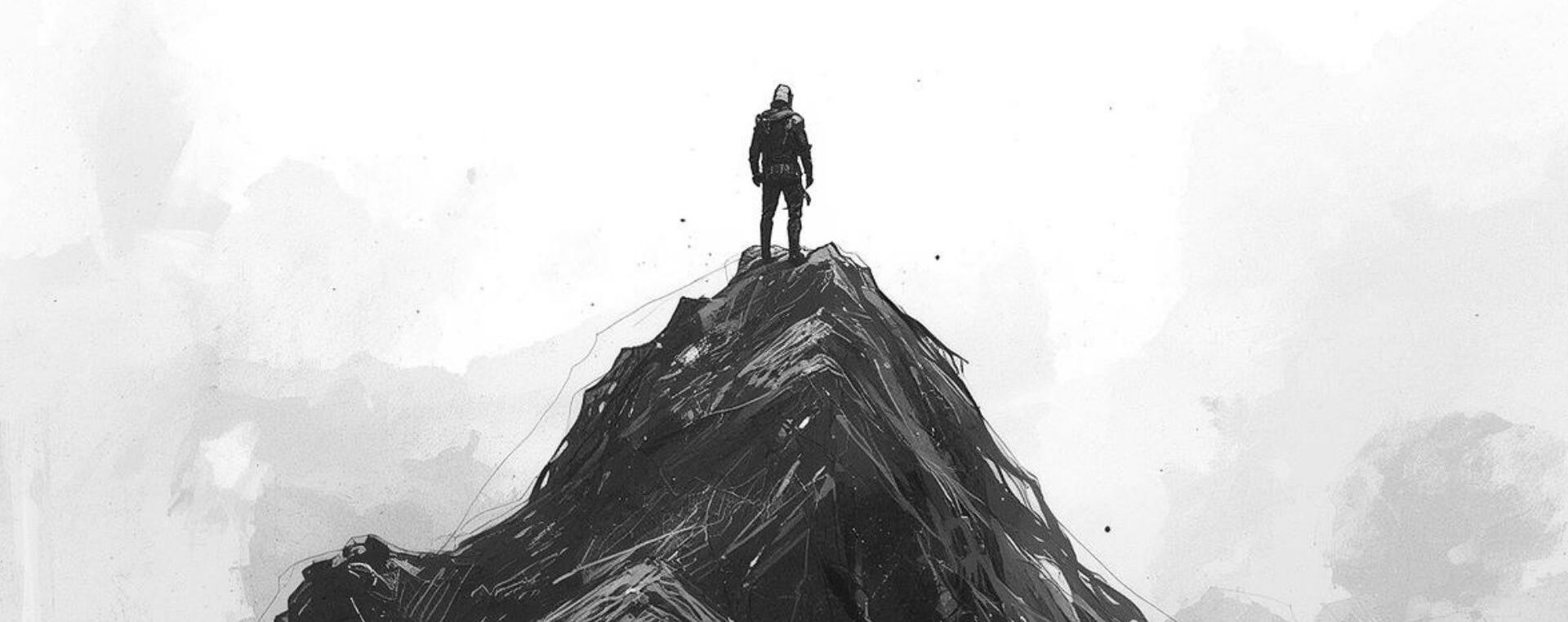 Yüksek bir zirvede ama yüzü izleyiciye dönük olmayan biri